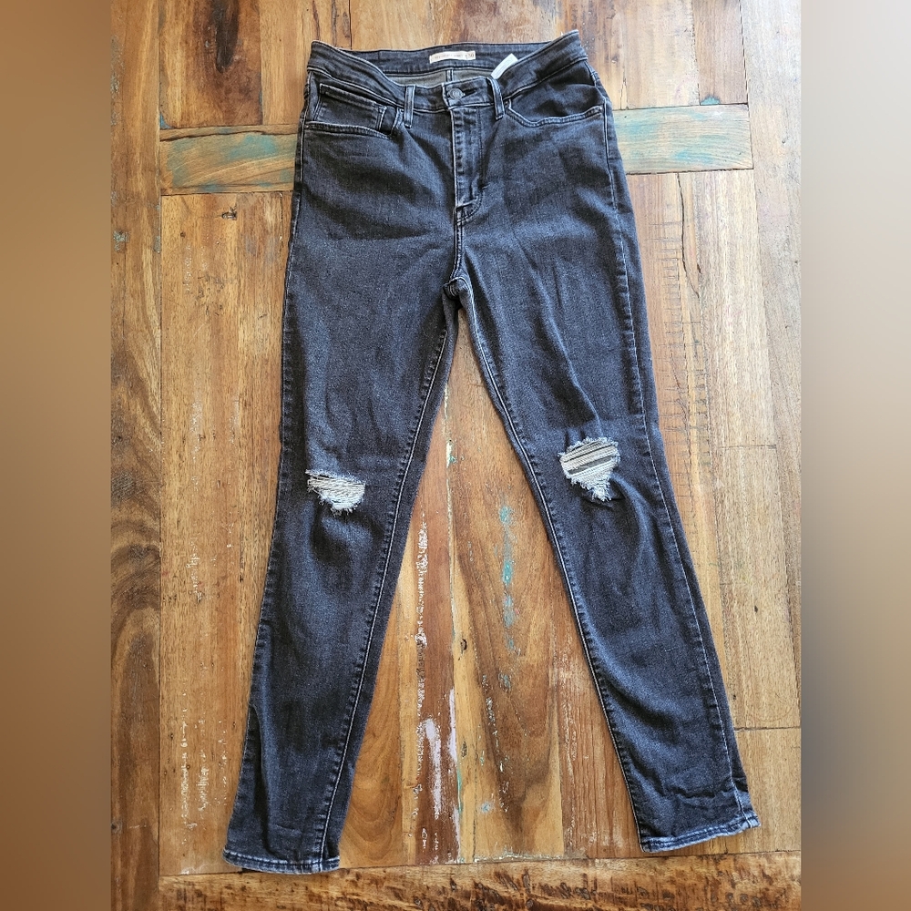 Levi's 721 Hi Rise Skinny Jeans Black Womens 30 Distressed Stretch Casual B1